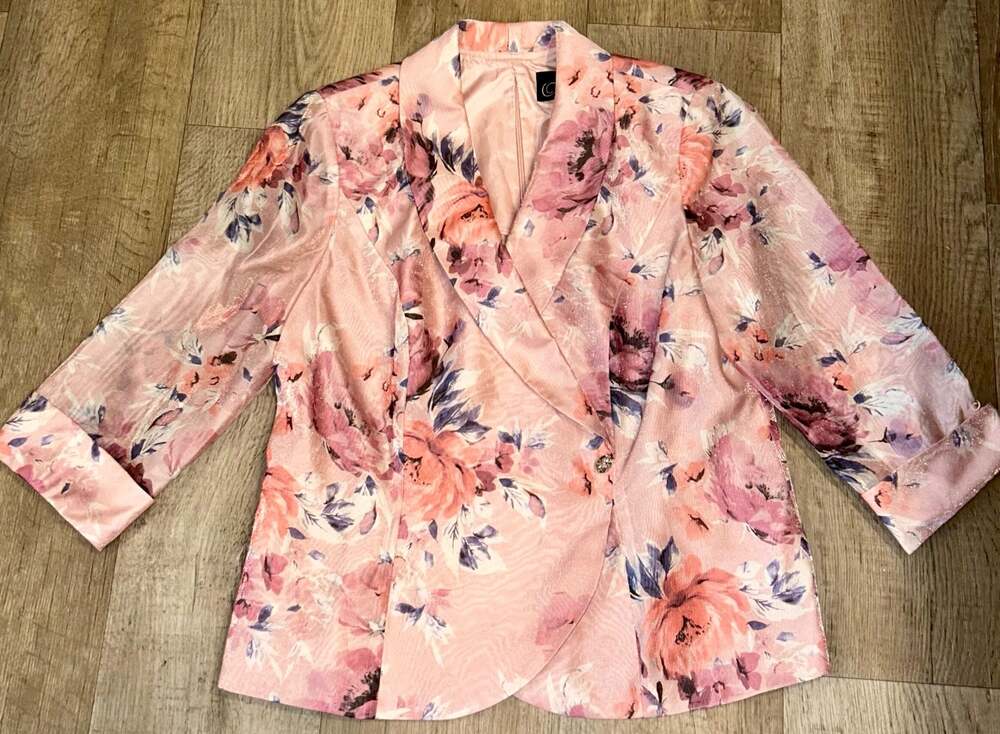 Alex Evenings Women's 3/4 Sleeve Shawl Collar Floral Print Organza Blazer